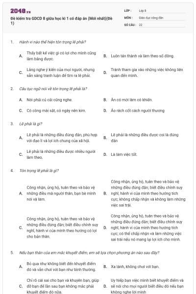 Đề kiểm tra GDCD 8 giữa học kì 1 có đáp án (Mới nhất)(Đề 1)