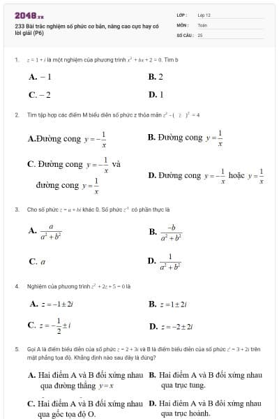 233 Bài trắc nghiệm số phức cơ bản, nâng cao cực hay có lời giải (P6)
