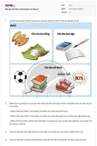 Bài tập Chi tiêu có kế hoạch có đáp án