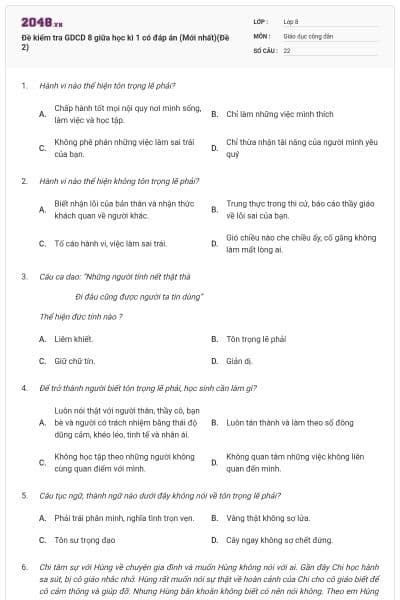 Đề kiểm tra GDCD 8 giữa học kì 1 có đáp án (Mới nhất)(Đề 2)