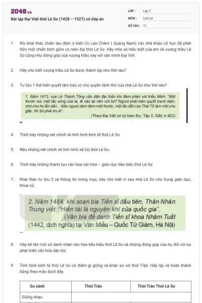 Bài tập Đại Việt thời Lê Sơ (1428 – 1527) có đáp án