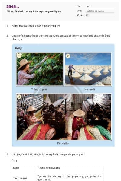 Bài tập Tìm hiểu các nghề ở địa phương có đáp án