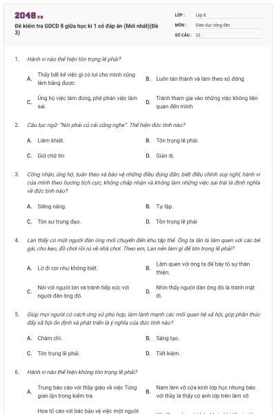 Đề kiểm tra GDCD 8 giữa học kì 1 có đáp án (Mới nhất)(Đề 3)