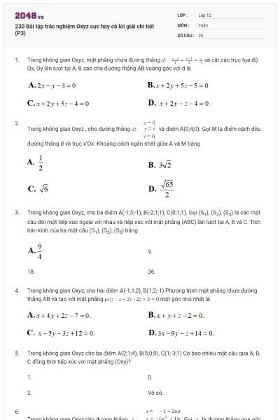 230 Bài tập trắc nghiệm Oxyz cực hay có lời giải chi tiết (P3)