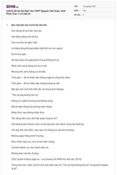 (2023) Đề thi thử Ngữ Văn THPT Nguyễn Viết Xuân, Vĩnh Phúc (Lần 1) có đáp án