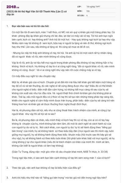 (2023) Đề thi thử Ngữ Văn Sở GD Thanh Hóa (Lần 2) có đáp án