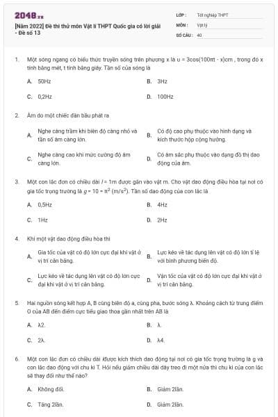 [Năm 2022] Đề thi thử môn Vật lí THPT Quốc gia có lời giải - Đề số 13