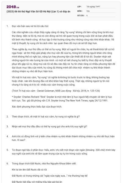 (2023) Đề thi thử Ngữ Văn Sở GD Hà Nội (Lần 1) có đáp án