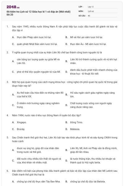 Đề kiểm tra Lịch sử 12 Giữa học kì 1 có đáp án (Mới nhất) Đề 20