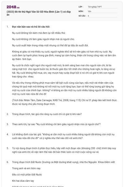 (2023) Đề thi thử Ngữ Văn Sở GD Hòa Bình (Lần 1) có đáp án