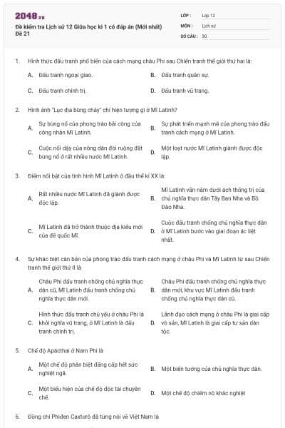 Đề kiểm tra Lịch sử 12 Giữa học kì 1 có đáp án (Mới nhất) Đề 21