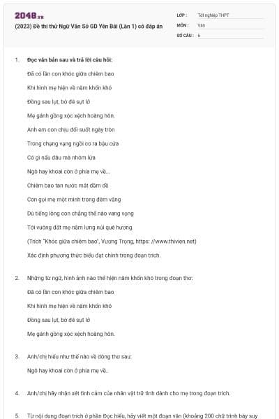 (2023) Đề thi thử Ngữ Văn Sở GD Yên Bái (Lần 1) có đáp án