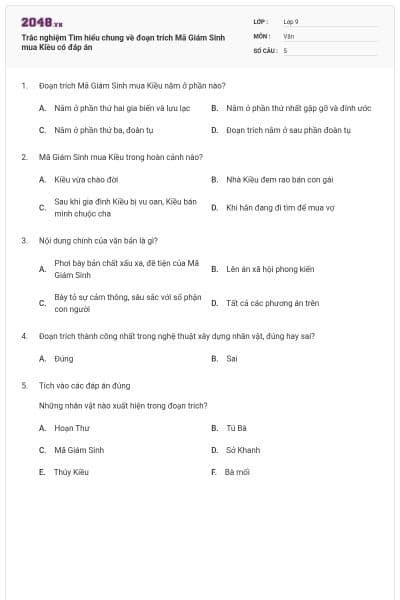 Trắc nghiệm Tìm hiểu chung về đoạn trích Mã Giám Sinh mua Kiều có đáp án