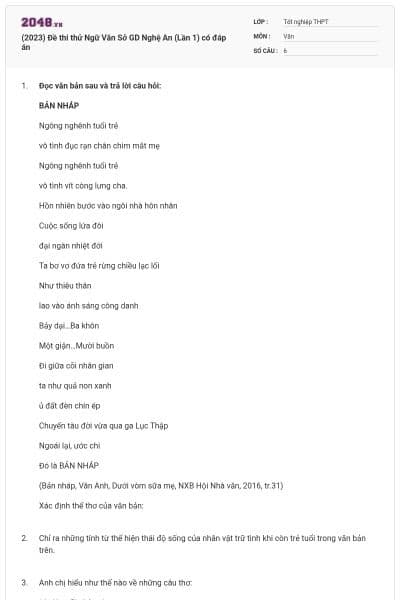 (2023) Đề thi thử Ngữ Văn Sở GD Nghệ An (Lần 1) có đáp án