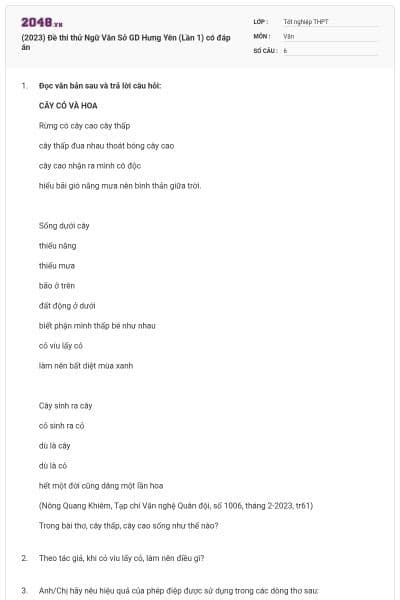 (2023) Đề thi thử Ngữ Văn Sở GD Hưng Yên (Lần 1) có đáp án