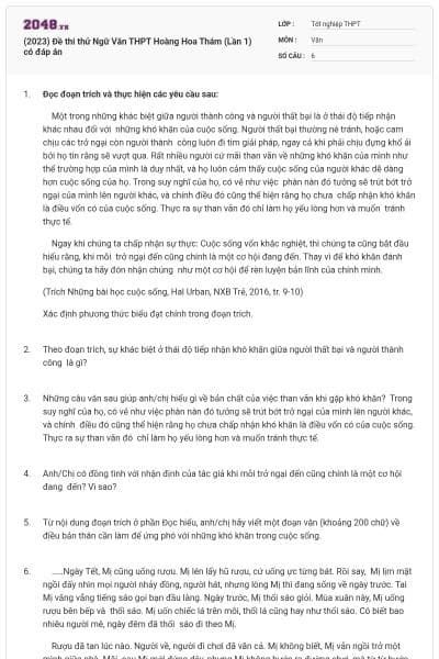 (2023) Đề thi thử Ngữ Văn THPT Hoàng Hoa Thám (Lần 1) có đáp án