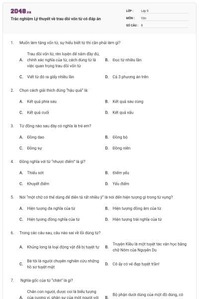 Trắc nghiệm Lý thuyết về trau dồi vốn từ có đáp án