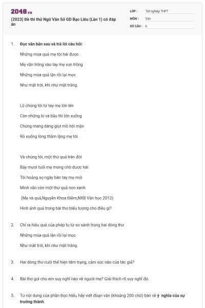 (2023) Đề thi thử Ngữ Văn Sở GD Bạc Liêu (Lần 1) có đáp án