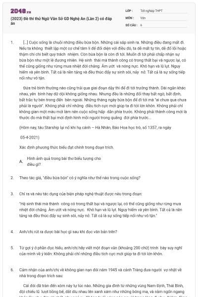 (2023) Đề thi thử Ngữ Văn Sở GD Nghệ An (Lần 2) có đáp án