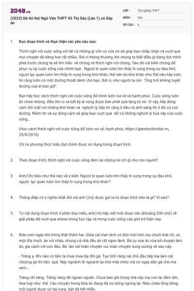 (2023) Đề thi thử Ngữ Văn THPT Võ Thị Sáu (Lần 1) có đáp án