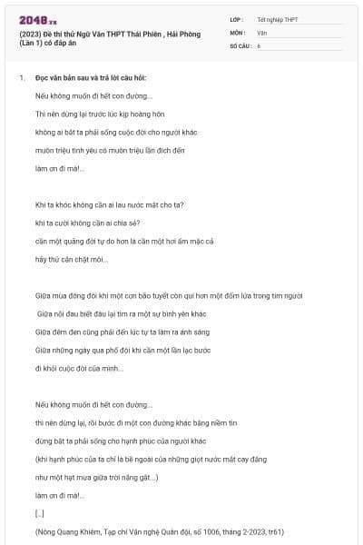 (2023) Đề thi thử Ngữ Văn THPT Thái Phiên , Hải Phòng (Lần 1) có đáp án