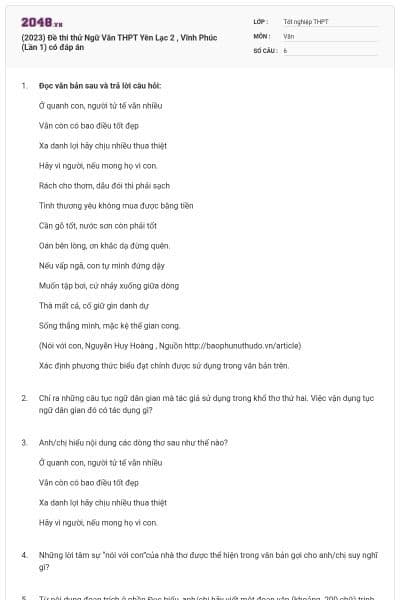 (2023) Đề thi thử Ngữ Văn THPT Yên Lạc 2 , Vĩnh Phúc (Lần 1) có đáp án