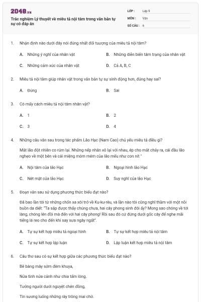 Trắc nghiệm Lý thuyết về miêu tả nội tâm trong văn bản tự sự có đáp án