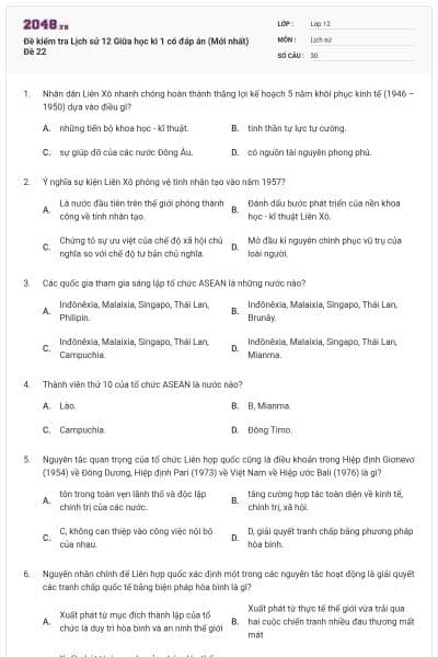 Đề kiểm tra Lịch sử 12 Giữa học kì 1 có đáp án (Mới nhất) Đề 22