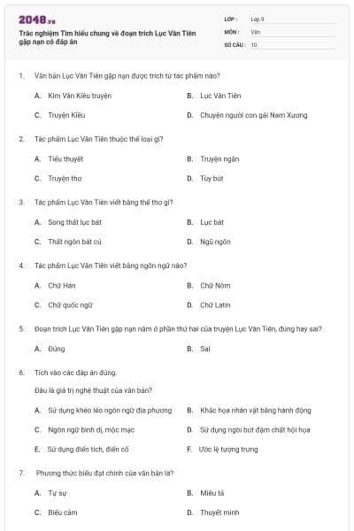 Trắc nghiệm Tìm hiểu chung về đoạn trích Lục Vân Tiên gặp nạn có đáp án