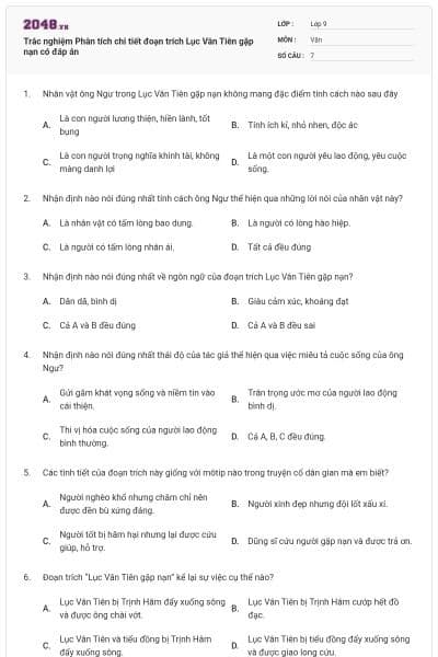 Trắc nghiệm Phân tích chi tiết đoạn trích Lục Vân Tiên gặp nạn có đáp án