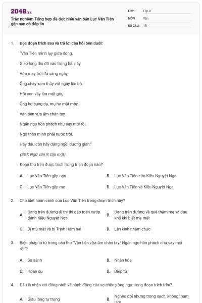 Trắc nghiệm Tổng hợp đề đọc hiểu văn bản Lục Vân Tiên gặp nạn có đáp án