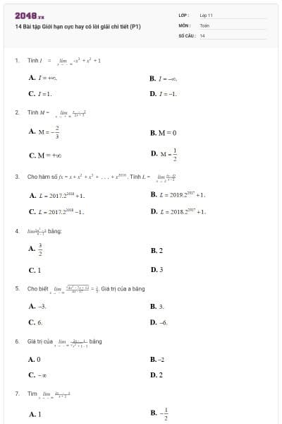 14 Bài tập Giới hạn cực hay có lời giải chi tiết (P1)