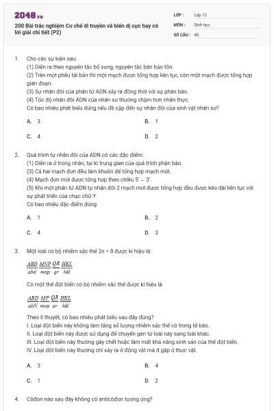 200 Bài trắc nghiệm Cơ chế di truyền và biến dị cực hay có lời giải chi tiết (P2)
