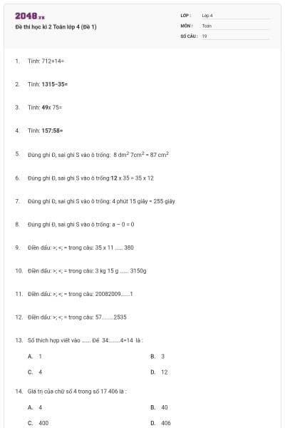 Đề thi học kì 2 Toán lớp 4 (Đề 1)