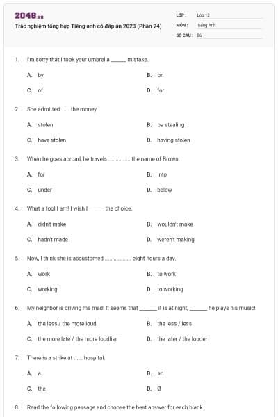 Trắc nghiệm tổng hợp Tiếng anh có đáp án 2023 (Phần 24)