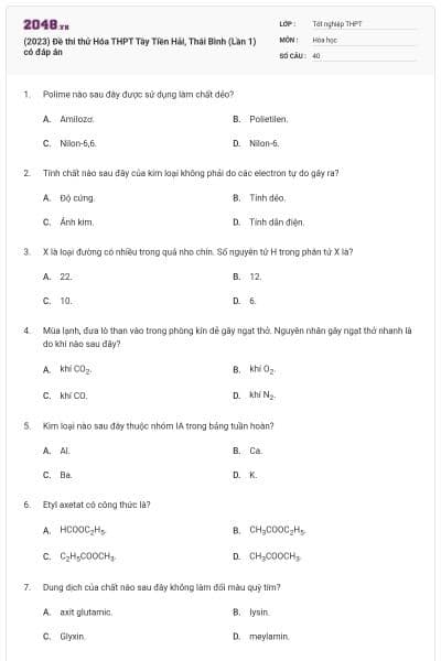 (2023) Đề thi thử Hóa THPT Tây Tiền Hải, Thái Bình (Lần 1) có đáp án