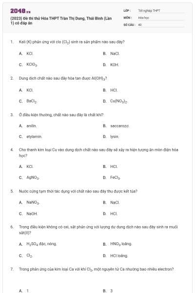 (2023) Đề thi thử Hóa THPT Trần Thị Dung, Thái Bình (Lần 1) có đáp án