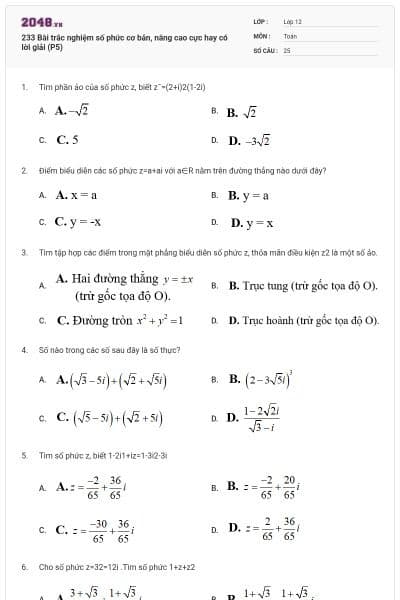 233 Bài trắc nghiệm số phức cơ bản, nâng cao cực hay có lời giải (P5)