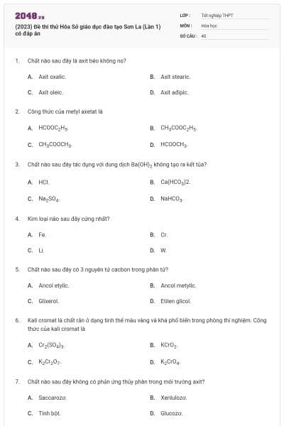 (2023) Đề thi thử Hóa Sở giáo dục đào tạo Sơn La (Lần 1) có đáp án
