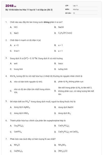 Bộ 10 Đề kiểm tra Hóa 11 học kì 1 có đáp án (đề 3)