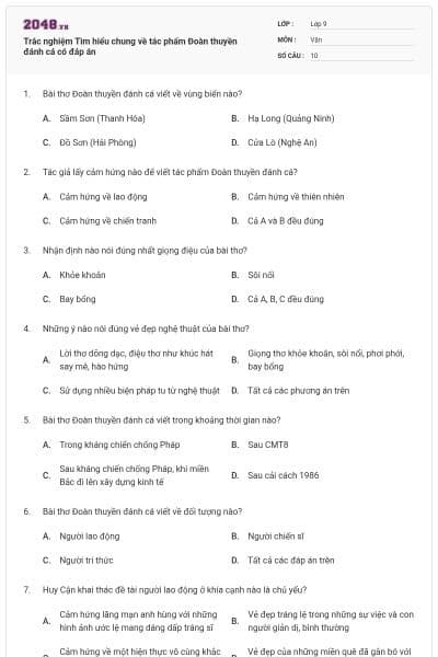 Trắc nghiệm Tìm hiểu chung về tác phẩm Đoàn thuyền đánh cá có đáp án