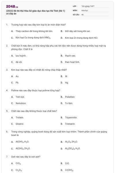 (2023) Đề thi thử Hóa Sở giáo dục đào tạo Hà Tĩnh (Đề 1) có đáp án