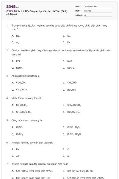 (2023) Đề thi thử Hóa Sở giáo dục đào tạo Hà Tĩnh (Đề 2) có đáp án