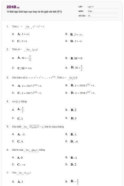 14 Bài tập Giới hạn cực hay có lời giải chi tiết (P1)