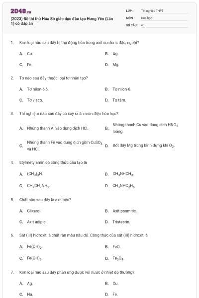 (2023) Đề thi thử Hóa Sở giáo dục đào tạo Hưng Yên (Lần 1) có đáp án