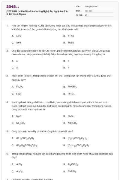 (2023) Đề thi thử Hóa Liên trường Nghệ An, Nghệ An (Lần 3, Đề 1) có đáp án