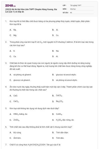 (2023) Đề thi thử Hóa Liên THPT Chuyên Hùng Vương, Gia Lai (Lần 1) có đáp án
