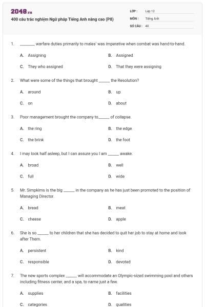 400 câu trắc nghiệm Ngữ pháp Tiếng Anh nâng cao (P8)