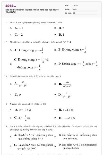 233 Bài trắc nghiệm số phức cơ bản, nâng cao cực hay có lời giải (P6)