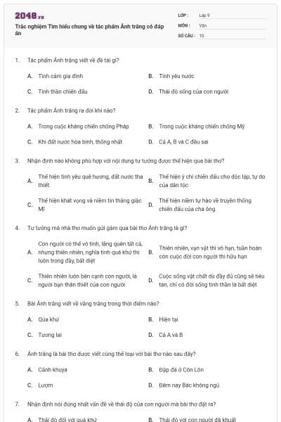 Trắc nghiệm Tìm hiểu chung về tác phẩm Ánh trăng có đáp án